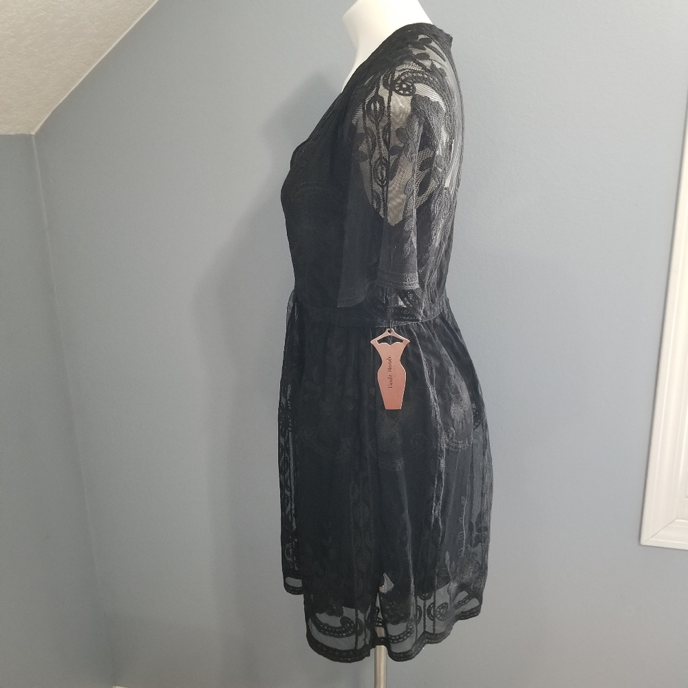 Haute Monde Black Floral Lace Boho Mini Dress Plunge Neckline Women's Large NWT. - Picture 7 of 13